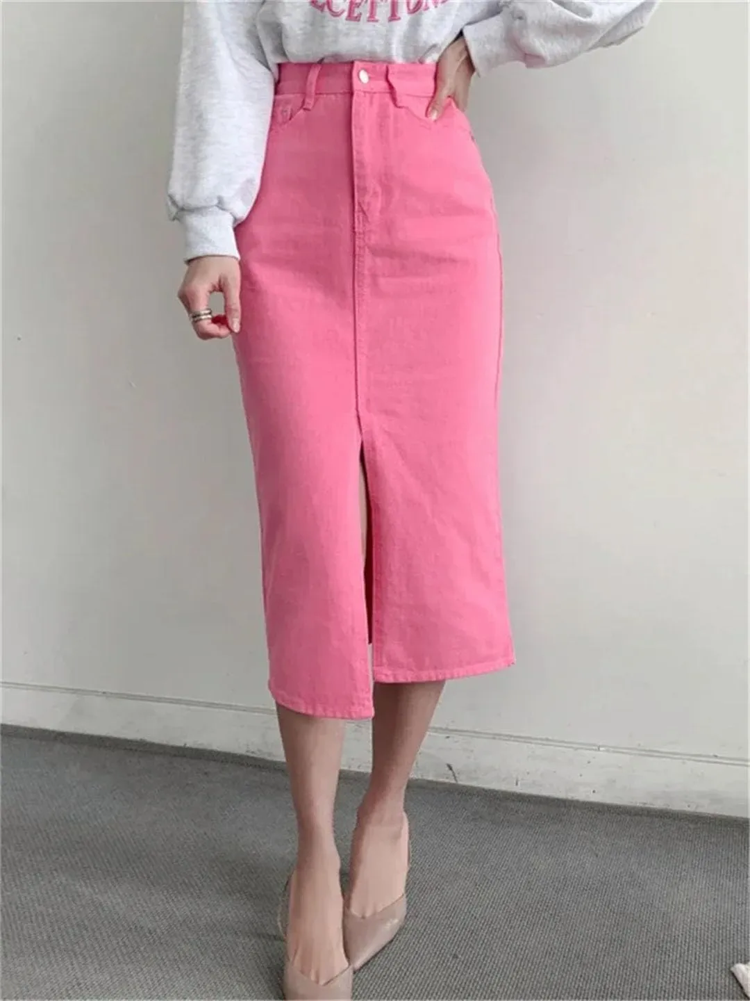 Women's Summer High Waist Pencil Skirts Office Lady Casual Front Split Midi Skirts