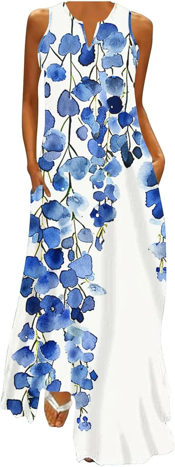 Womens Summer Maxi Dress 2025 Casual Boho Beach Long Dress Vacation Wear Flowy V-Neck Sleeveless Sundresses Clothes