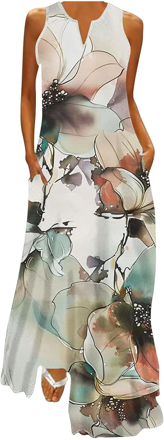 Womens Summer Maxi Dress 2025 Casual Boho Beach Long Dress Vacation Wear Flowy V-Neck Sleeveless Sundresses Clothes