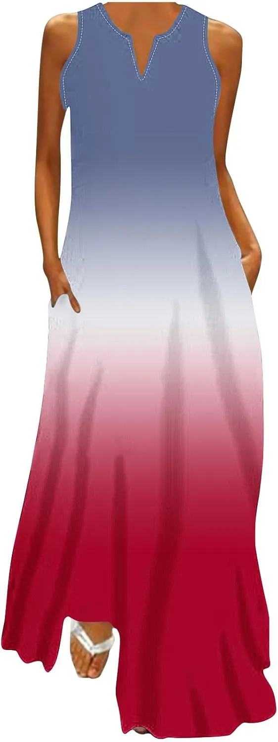 Womens Summer Maxi Dress 2025 Casual Boho Beach Long Dress Vacation Wear Flowy V-Neck Sleeveless Sundresses Clothes