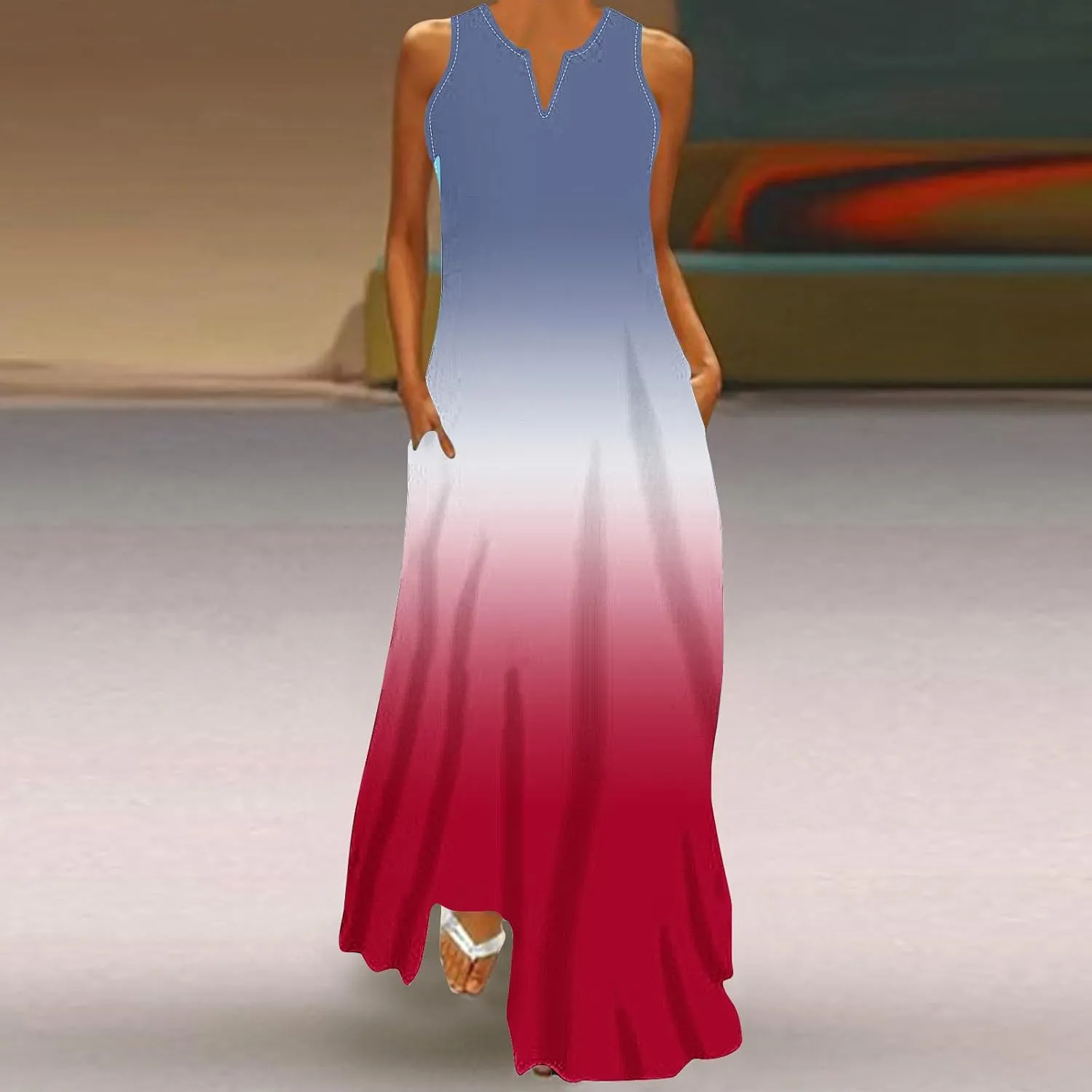 Womens Summer Maxi Dress 2025 Casual Boho Beach Long Dress Vacation Wear Flowy V-Neck Sleeveless Sundresses Clothes