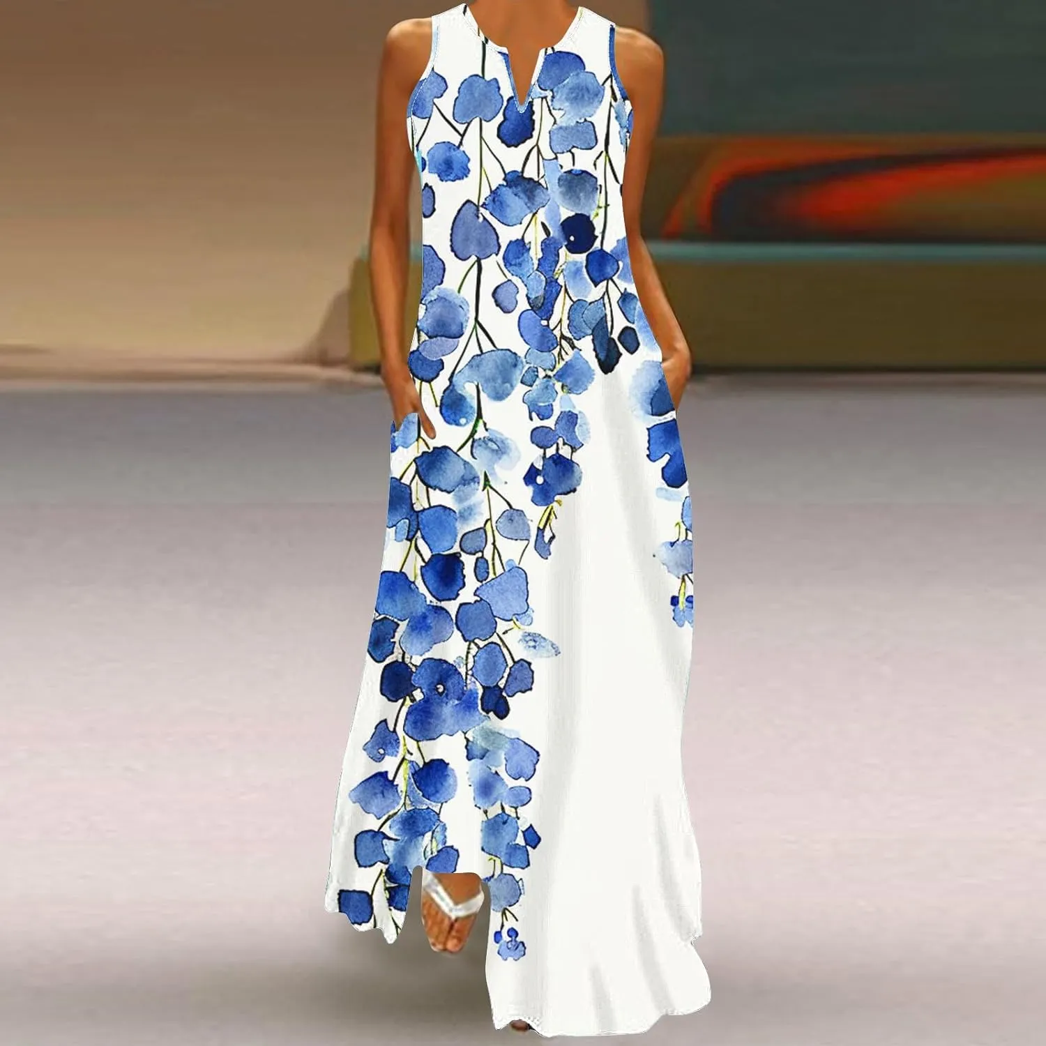 Womens Summer Maxi Dress 2025 Casual Boho Beach Long Dress Vacation Wear Flowy V-Neck Sleeveless Sundresses Clothes