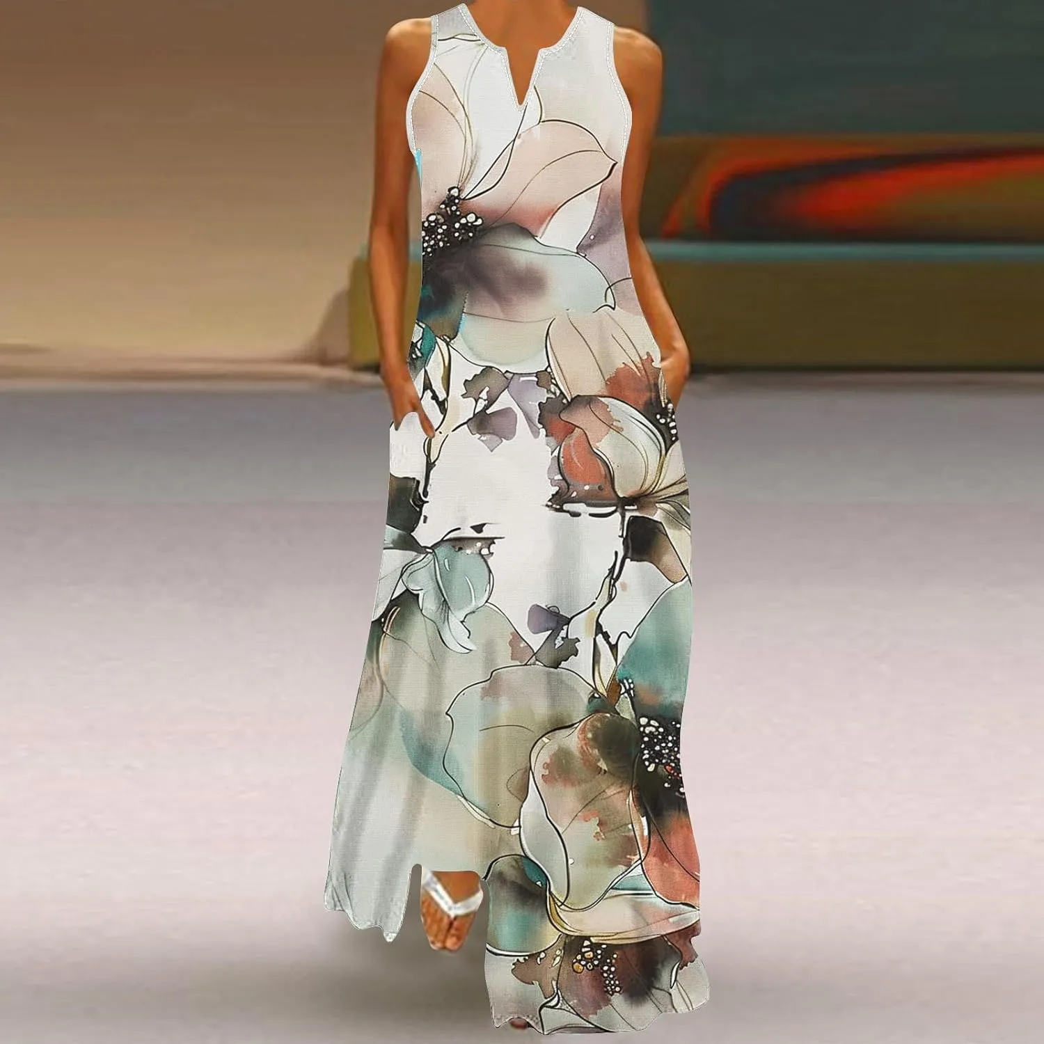 Womens Summer Maxi Dress 2025 Casual Boho Beach Long Dress Vacation Wear Flowy V-Neck Sleeveless Sundresses Clothes