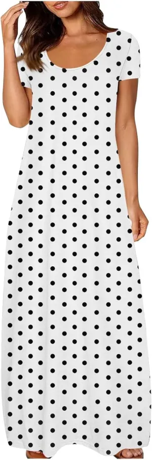 Women's Summer Maxi Dresses Boho Long T Shirts Dresses Plus Size Empire Waist Flowy Beach Dress Short Sleeve Sundress