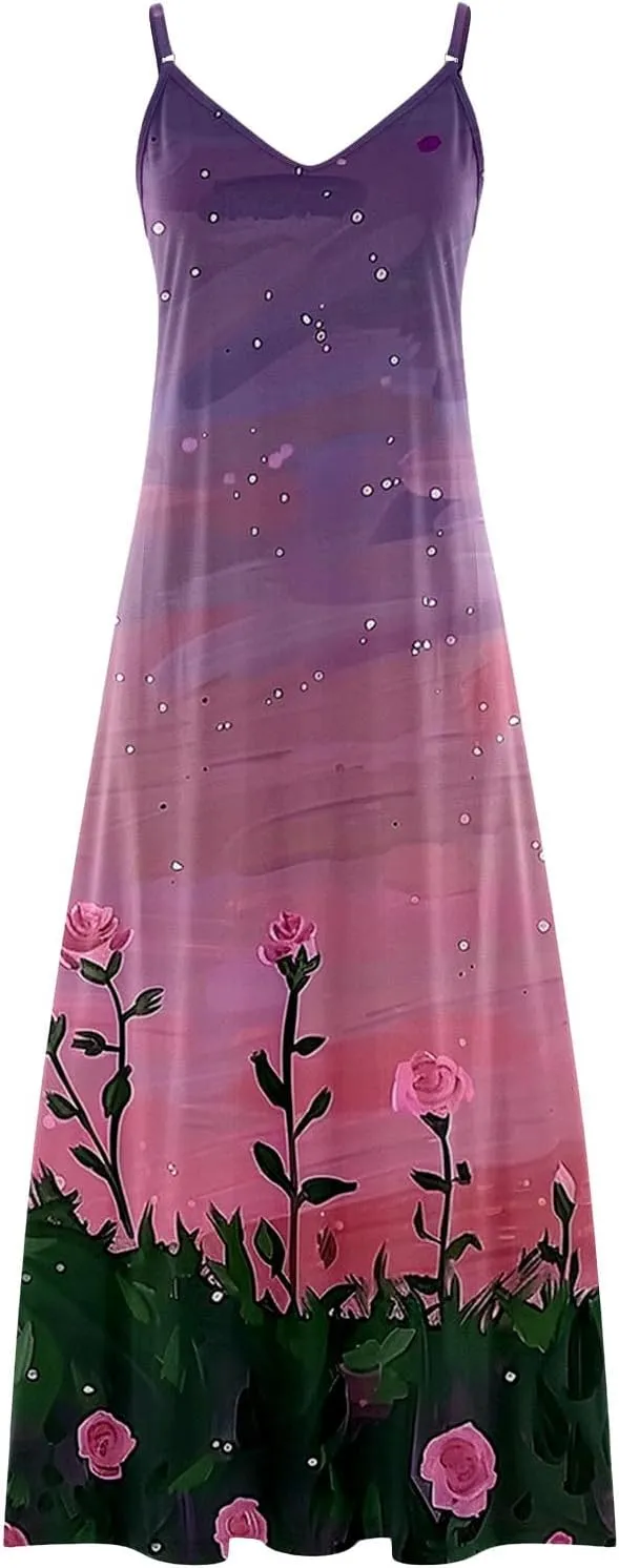 Womens Summer Maxi Dresses Floral Spaghetti Strap Sundress Casual Long Sun Dress Travel Wear Beach Vneck Boho Dresses