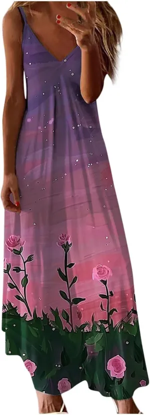 Womens Summer Maxi Dresses Floral Spaghetti Strap Sundress Casual Long Sun Dress Travel Wear Beach Vneck Boho Dresses