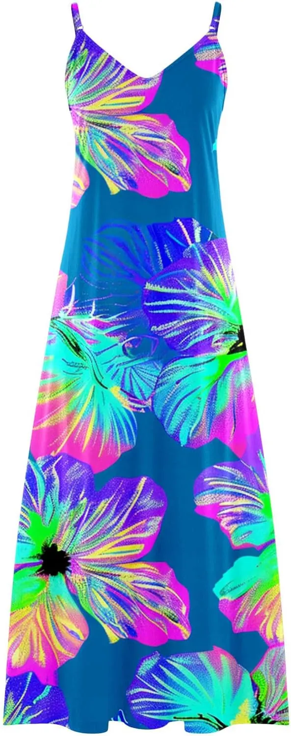 Womens Summer Maxi Dresses Floral Spaghetti Strap Sundress Casual Long Sun Dress Travel Wear Beach Vneck Boho Dresses