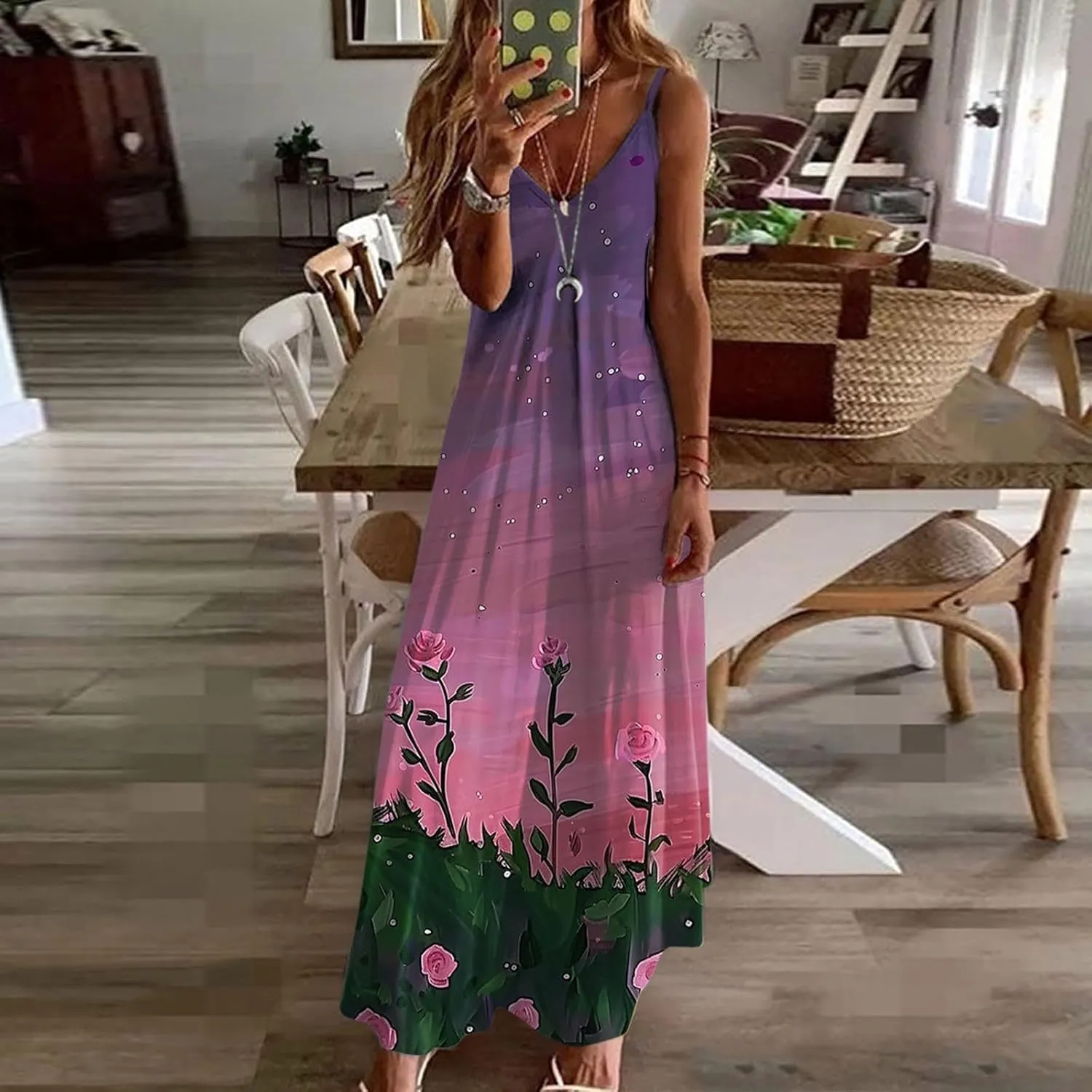 Womens Summer Maxi Dresses Floral Spaghetti Strap Sundress Casual Long Sun Dress Travel Wear Beach Vneck Boho Dresses
