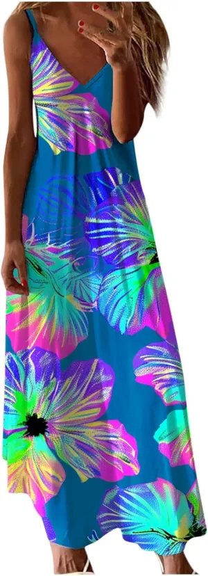 Womens Summer Maxi Dresses Floral Spaghetti Strap Sundress Casual Long Sun Dress Travel Wear Beach Vneck Boho Dresses