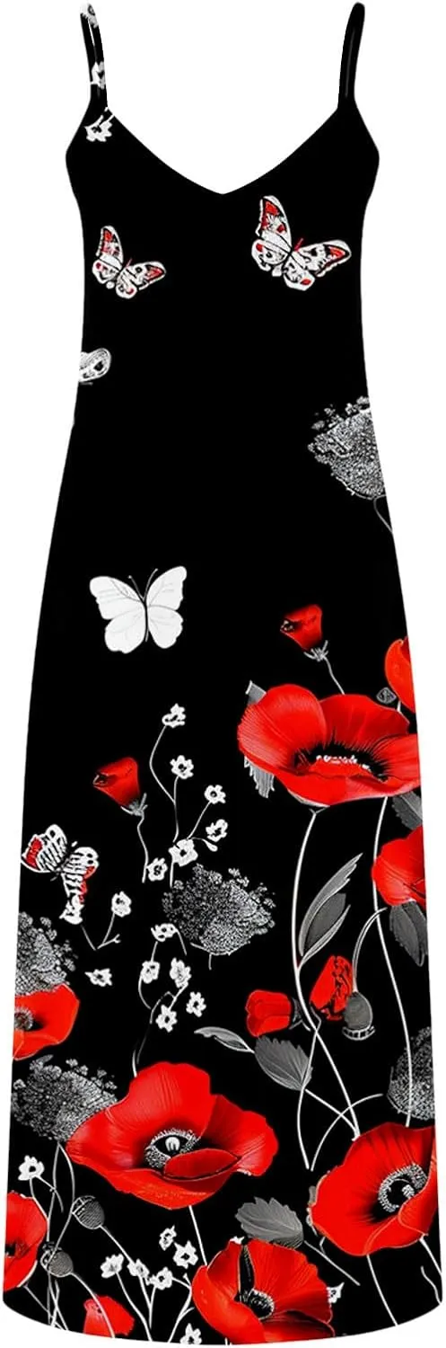 Womens Summer Maxi Dresses Floral Spaghetti Strap Sundress Casual Long Sun Dress Travel Wear Beach Vneck Boho Dresses