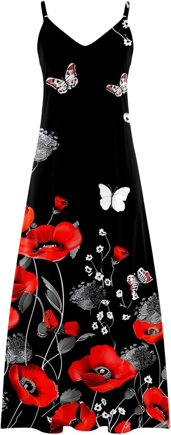 Womens Summer Maxi Dresses Floral Spaghetti Strap Sundress Casual Long Sun Dress Travel Wear Beach Vneck Boho Dresses