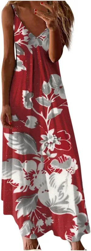 Womens Summer Maxi Dresses Floral Spaghetti Strap Sundress Casual Long Sun Dress Travel Wear Beach Vneck Boho Dresses