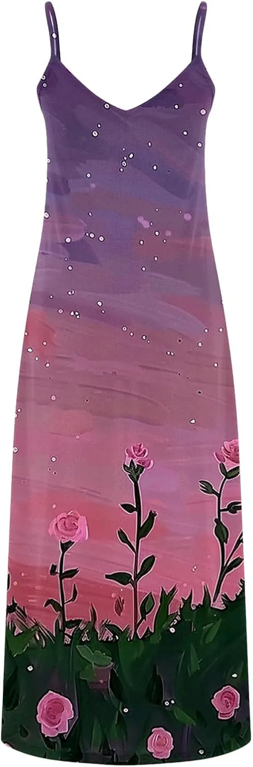 Womens Summer Maxi Dresses Floral Spaghetti Strap Sundress Casual Long Sun Dress Travel Wear Beach Vneck Boho Dresses