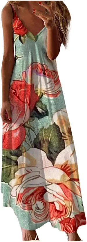 Womens Summer Maxi Dresses Floral Spaghetti Strap Sundress Casual Long Sun Dress Travel Wear Beach Vneck Boho Dresses