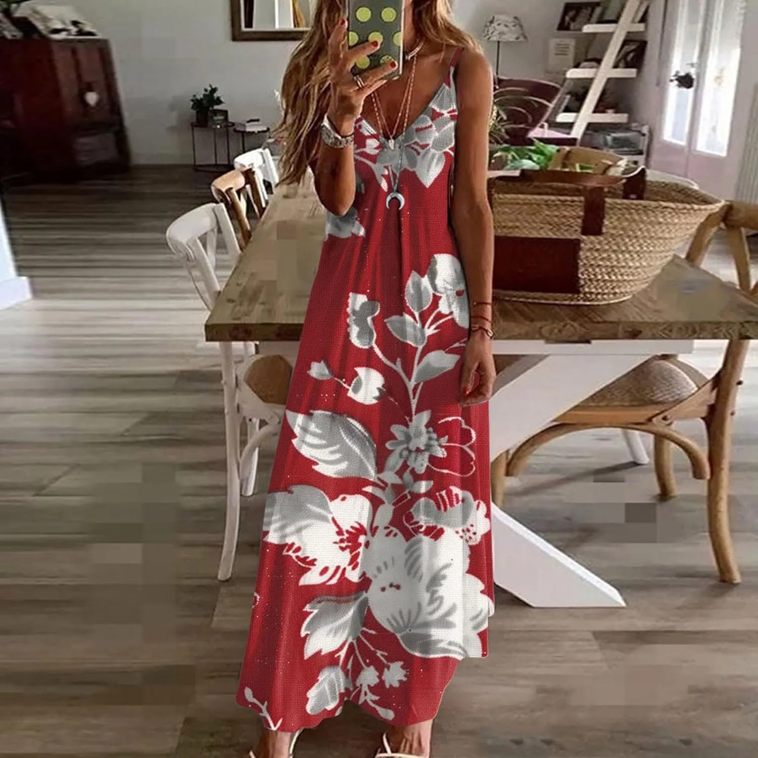 Womens Summer Maxi Dresses Floral Spaghetti Strap Sundress Casual Long Sun Dress Travel Wear Beach Vneck Boho Dresses