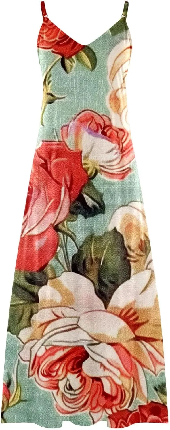 Womens Summer Maxi Dresses Floral Spaghetti Strap Sundress Casual Long Sun Dress Travel Wear Beach Vneck Boho Dresses
