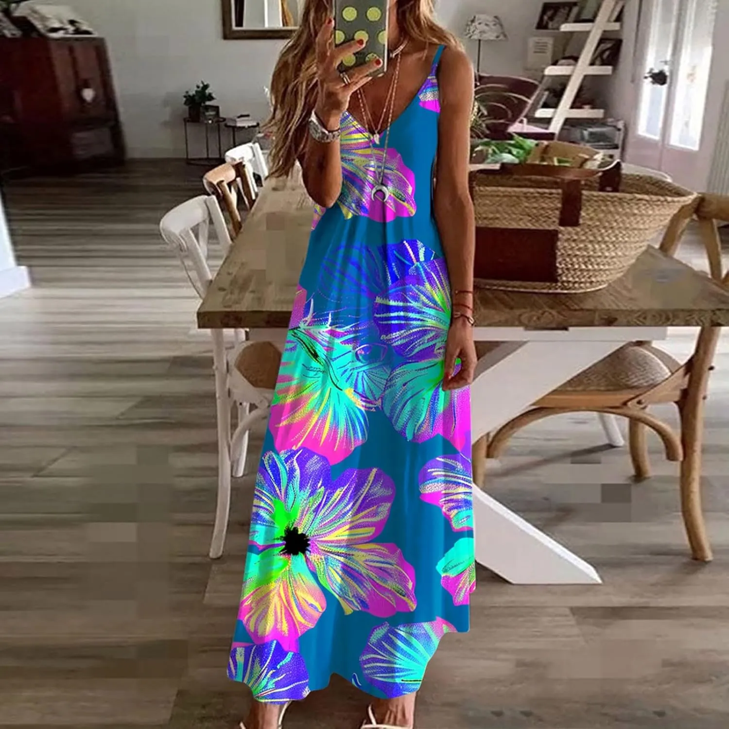 Womens Summer Maxi Dresses Floral Spaghetti Strap Sundress Casual Long Sun Dress Travel Wear Beach Vneck Boho Dresses
