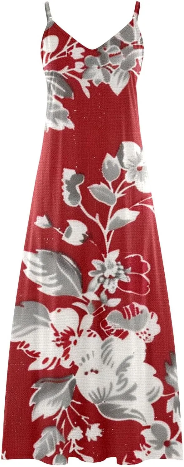 Womens Summer Maxi Dresses Floral Spaghetti Strap Sundress Casual Long Sun Dress Travel Wear Beach Vneck Boho Dresses