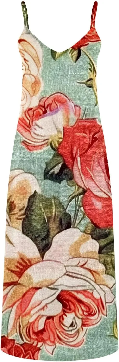 Womens Summer Maxi Dresses Floral Spaghetti Strap Sundress Casual Long Sun Dress Travel Wear Beach Vneck Boho Dresses