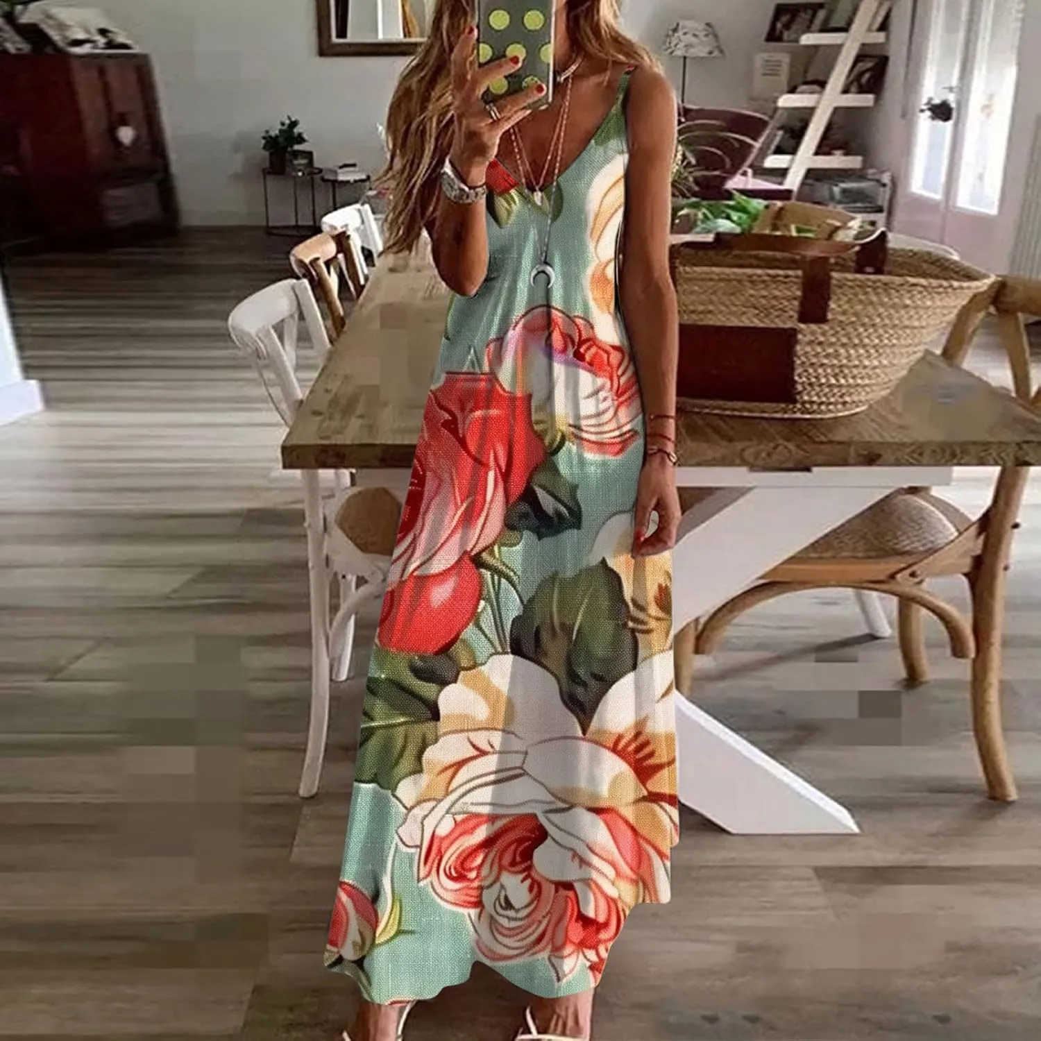 Womens Summer Maxi Dresses Floral Spaghetti Strap Sundress Casual Long Sun Dress Travel Wear Beach Vneck Boho Dresses