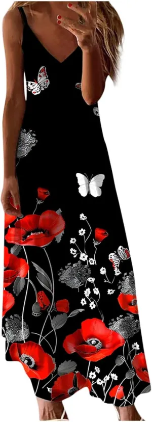 Womens Summer Maxi Dresses Floral Spaghetti Strap Sundress Casual Long Sun Dress Travel Wear Beach Vneck Boho Dresses