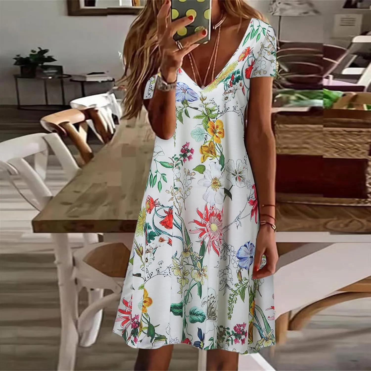 Womens Summer Midi Dresses Trendy V-Neck Short Sleeve Beach Sundresses Floral Printed Dress Casual Loose Outfits 2025
