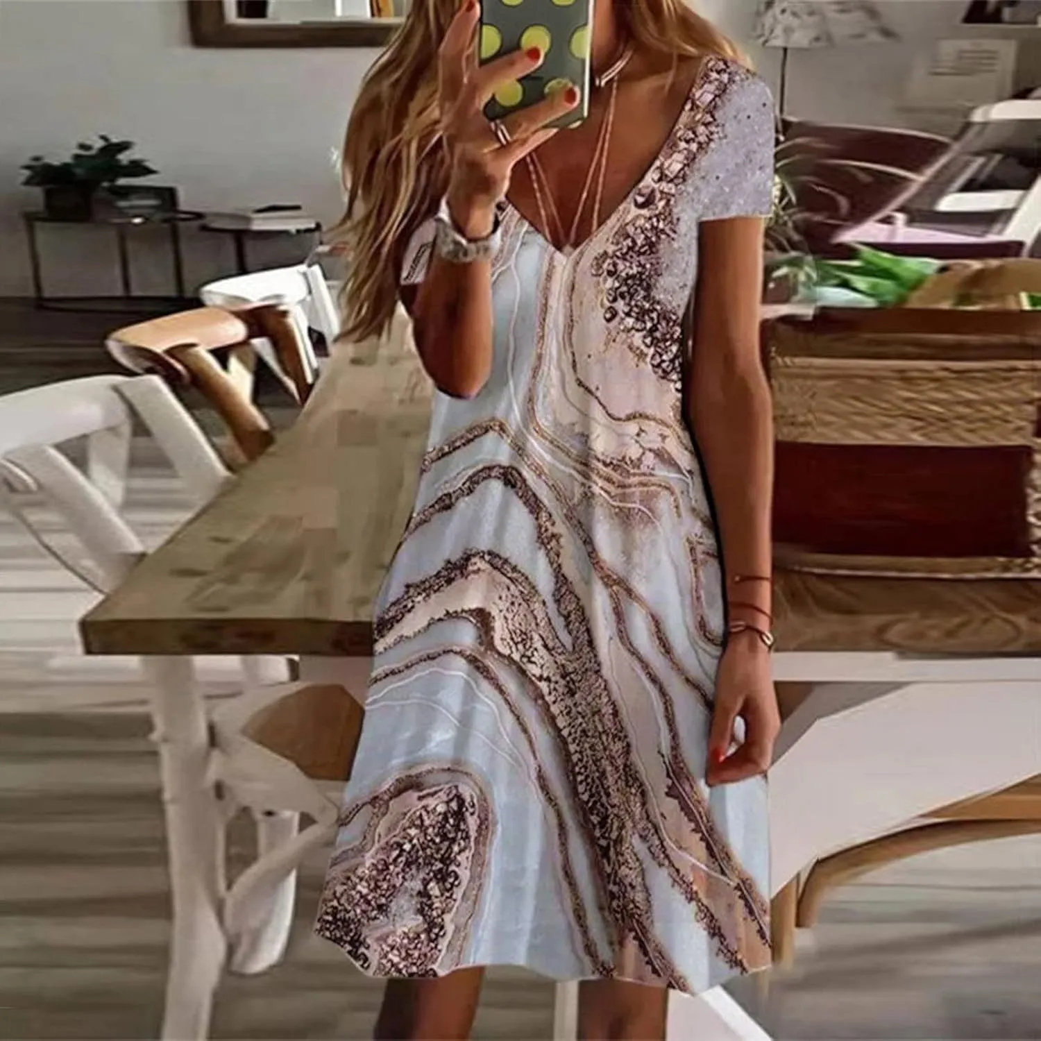 Womens Summer Midi Dresses Trendy V-Neck Short Sleeve Beach Sundresses Floral Printed Dress Casual Loose Outfits 2025