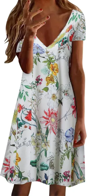 Womens Summer Midi Dresses Trendy V-Neck Short Sleeve Beach Sundresses Floral Printed Dress Casual Loose Outfits 2025