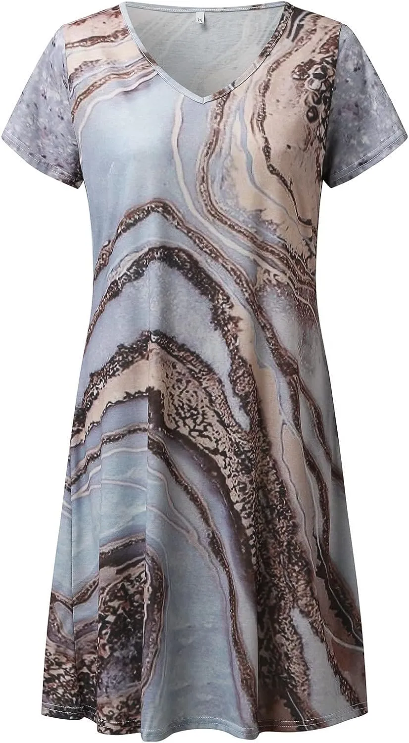 Womens Summer Midi Dresses Trendy V-Neck Short Sleeve Beach Sundresses Floral Printed Dress Casual Loose Outfits 2025