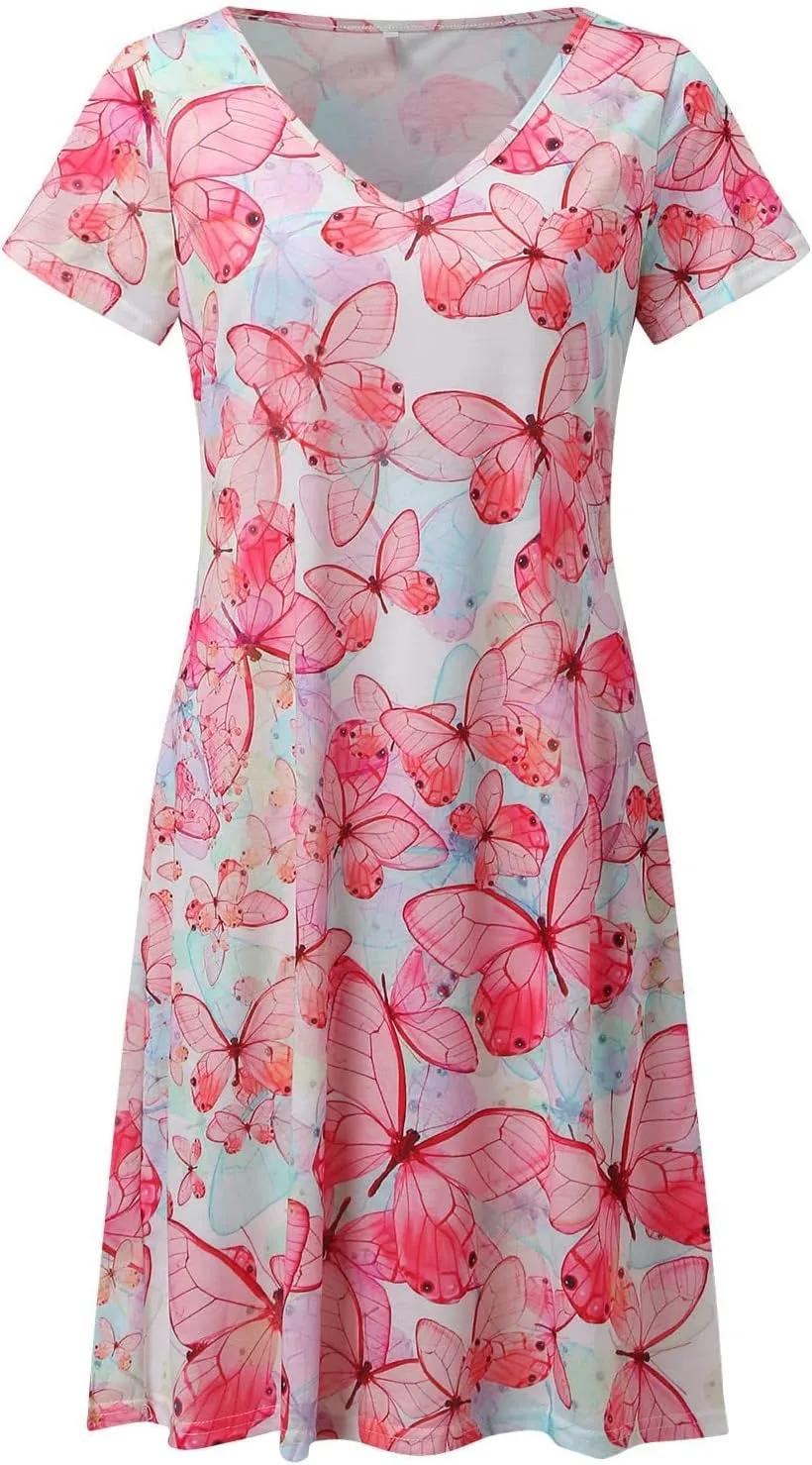 Womens Summer Midi Dresses Trendy V-Neck Short Sleeve Beach Sundresses Floral Printed Dress Casual Loose Outfits 2025