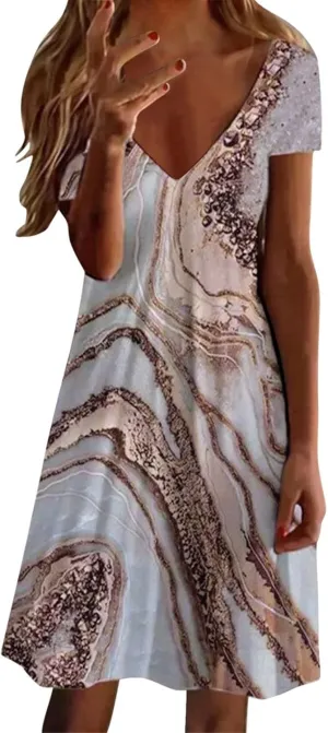 Womens Summer Midi Dresses Trendy V-Neck Short Sleeve Beach Sundresses Floral Printed Dress Casual Loose Outfits 2025