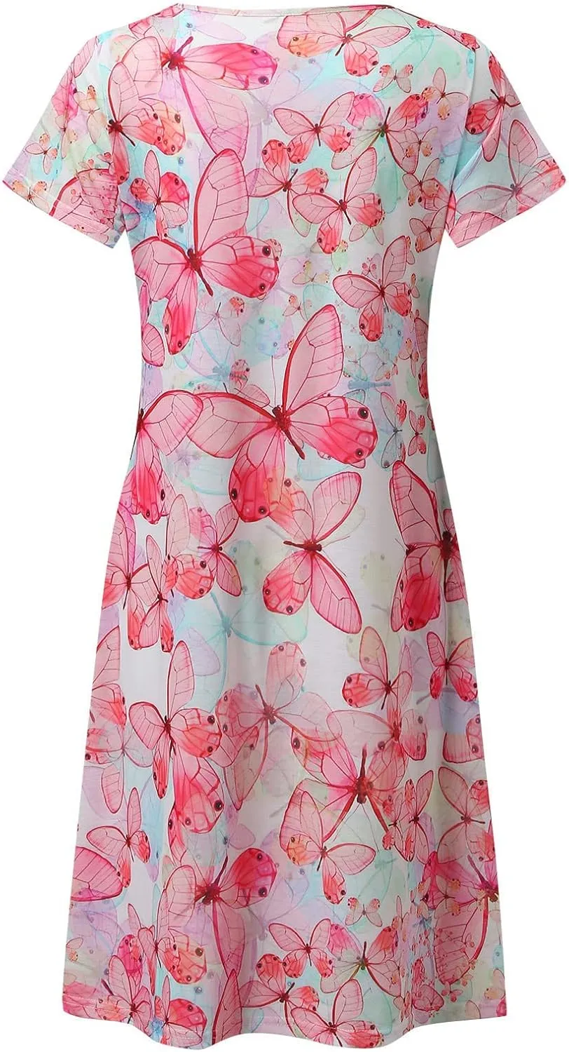 Womens Summer Midi Dresses Trendy V-Neck Short Sleeve Beach Sundresses Floral Printed Dress Casual Loose Outfits 2025