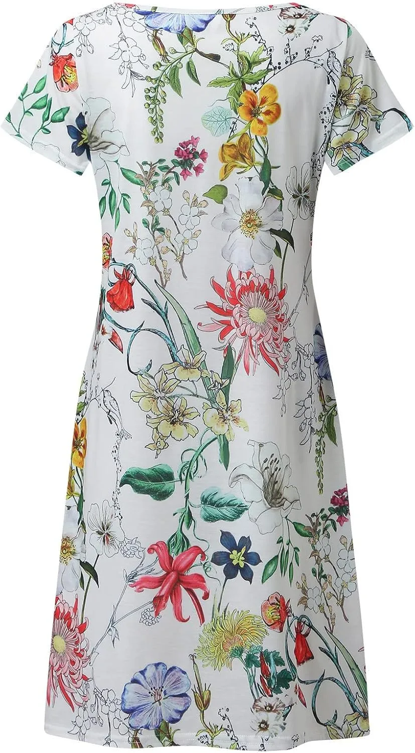 Womens Summer Midi Dresses Trendy V-Neck Short Sleeve Beach Sundresses Floral Printed Dress Casual Loose Outfits 2025