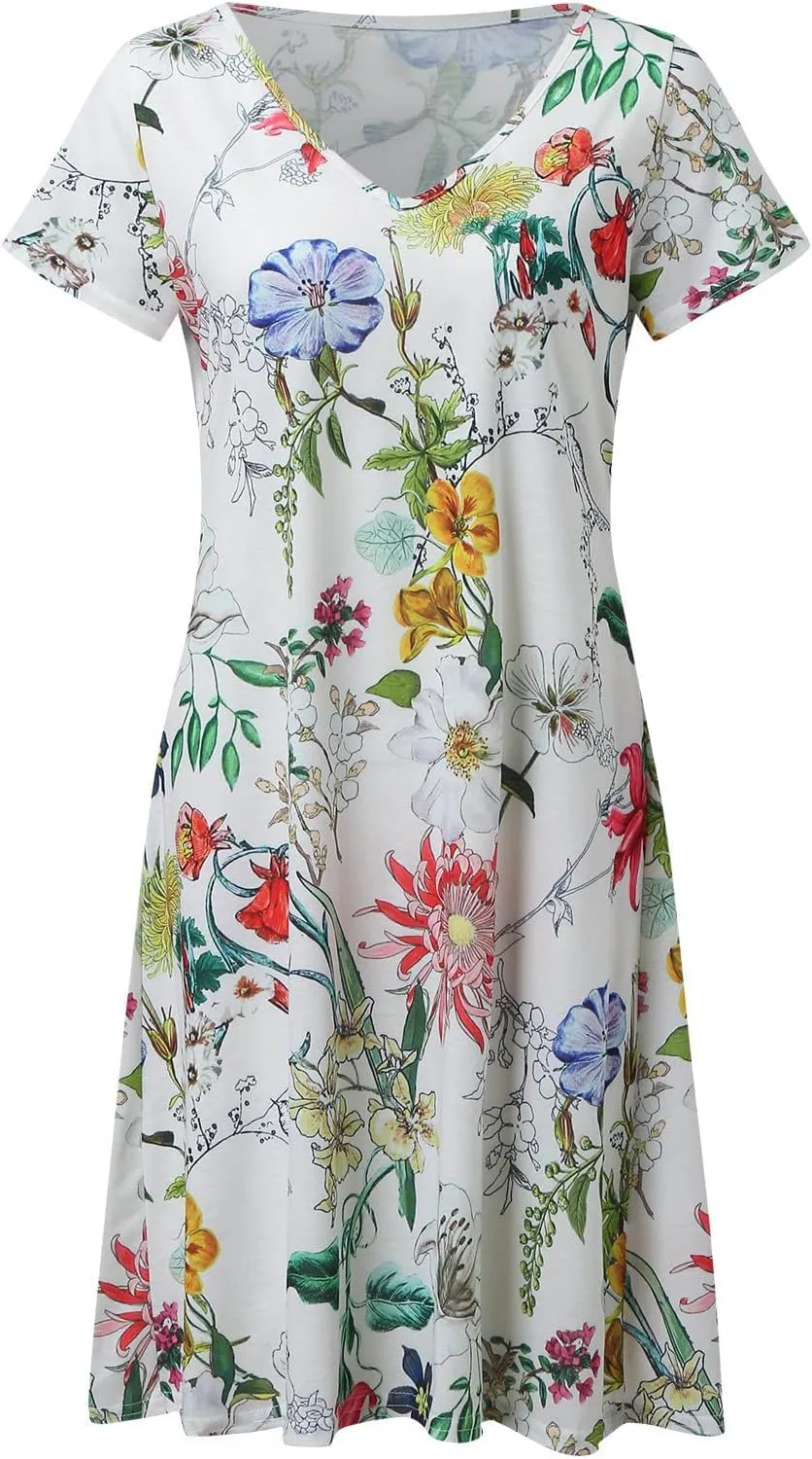Womens Summer Midi Dresses Trendy V-Neck Short Sleeve Beach Sundresses Floral Printed Dress Casual Loose Outfits 2025
