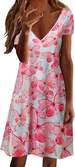 Womens Summer Midi Dresses Trendy V-Neck Short Sleeve Beach Sundresses Floral Printed Dress Casual Loose Outfits 2025