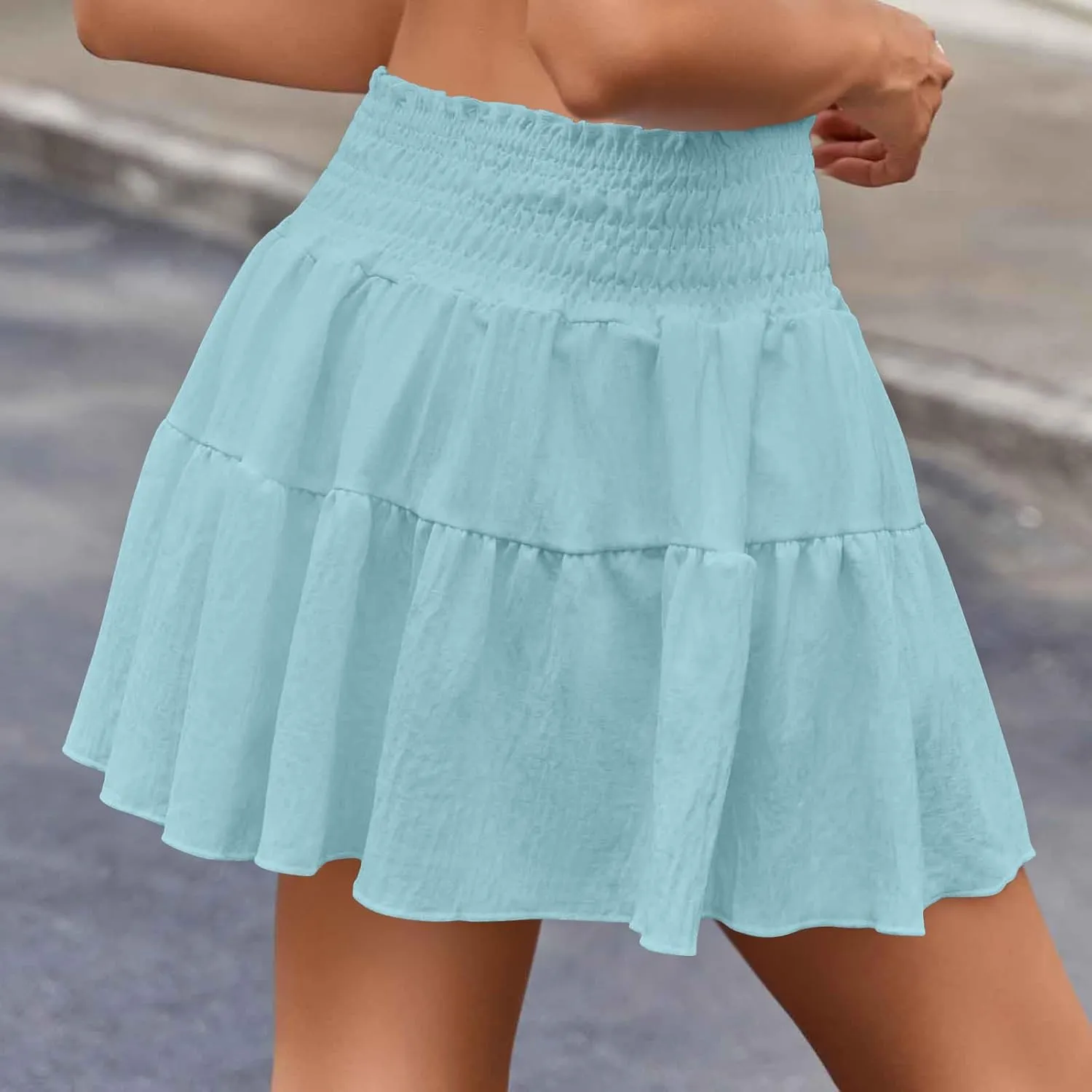 Womens Summer Mini Skirts 2025 Vacation Cute Skirt Ruffle Elastic Waist A-Line Pleated Skirt Beach Party Short Skirt