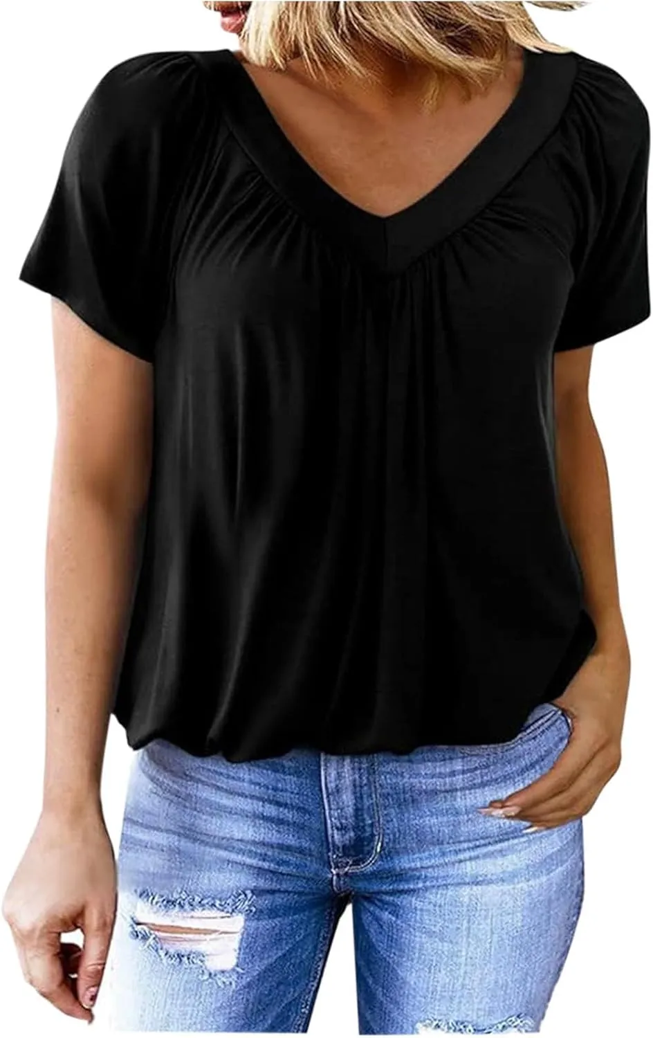 Women's Summer Short Sleeve Shirts, Fashion Pleated V-Neck Casual Tops Comfy Soft Breathable Clothes