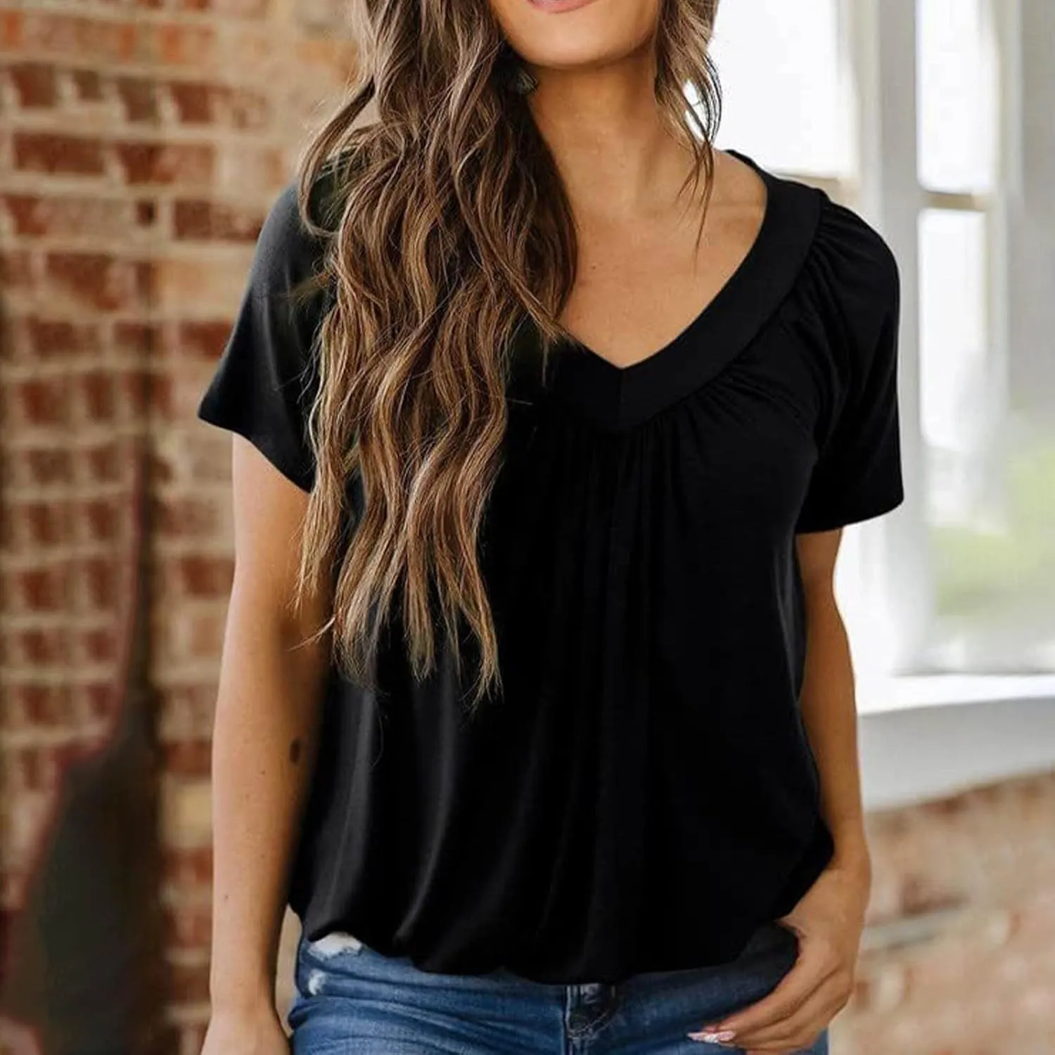 Women's Summer Short Sleeve Shirts, Fashion Pleated V-Neck Casual Tops Comfy Soft Breathable Clothes