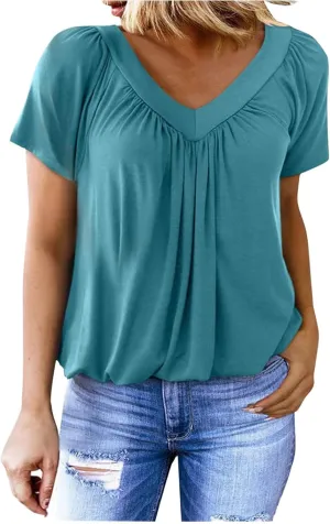 Women's Summer Short Sleeve Shirts, Fashion Pleated V-Neck Casual Tops Comfy Soft Breathable Clothes