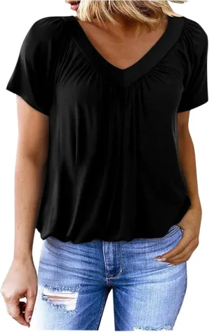 Women's Summer Short Sleeve Shirts, Fashion Pleated V-Neck Casual Tops Comfy Soft Breathable Clothes