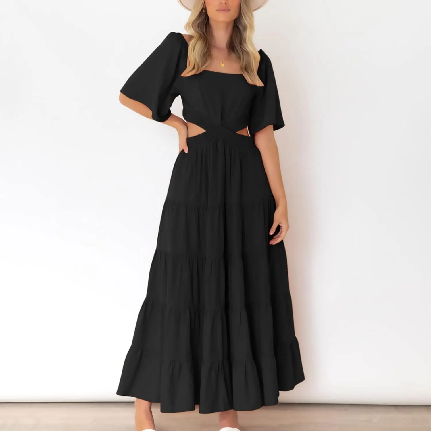 Women's Summer Square Neck Short Sleeve Cut Out Tiered Maxi Dress Solid Ruffle Flowy Long Dress Casual Beach Dresses