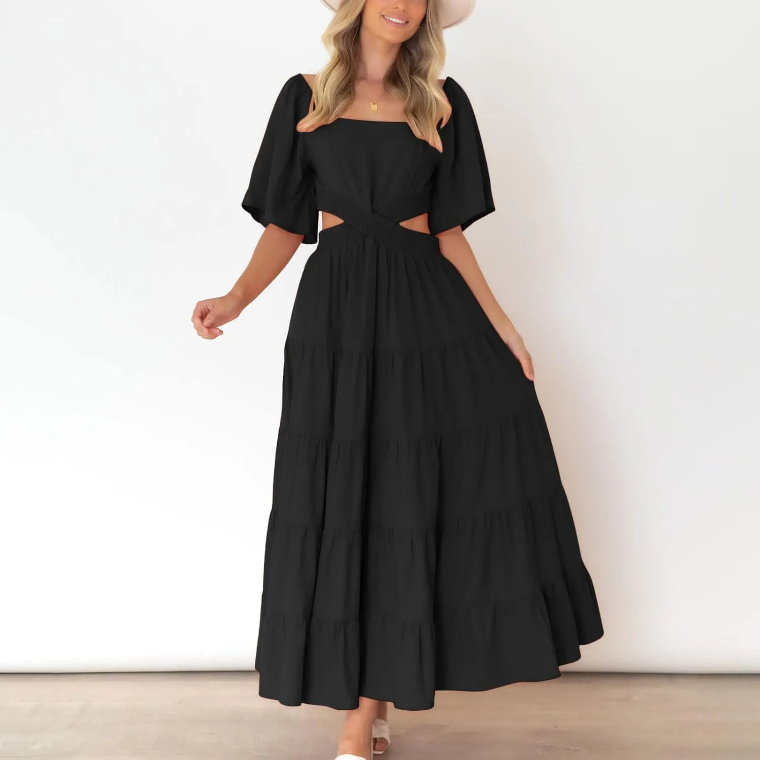 Women's Summer Square Neck Short Sleeve Cut Out Tiered Maxi Dress Solid Ruffle Flowy Long Dress Casual Beach Dresses