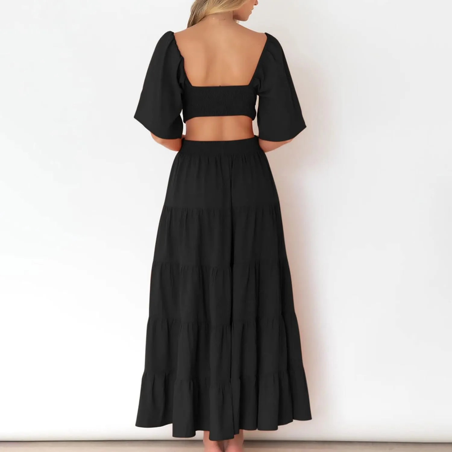 Women's Summer Square Neck Short Sleeve Cut Out Tiered Maxi Dress Solid Ruffle Flowy Long Dress Casual Beach Dresses