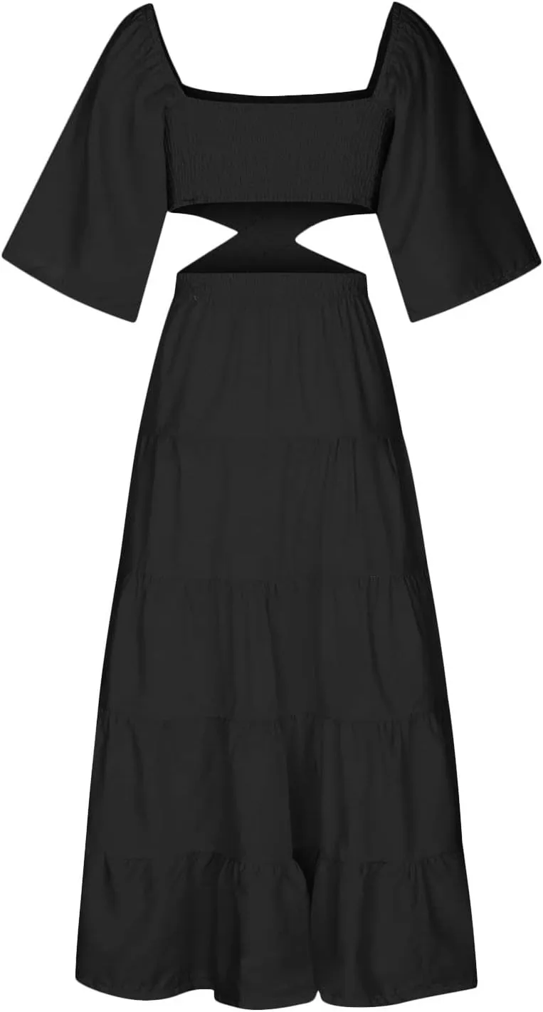 Women's Summer Square Neck Short Sleeve Cut Out Tiered Maxi Dress Solid Ruffle Flowy Long Dress Casual Beach Dresses