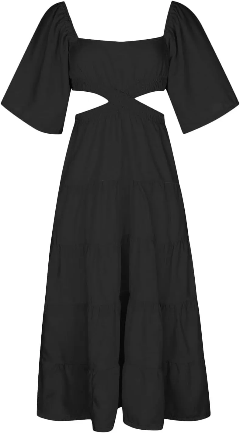 Women's Summer Square Neck Short Sleeve Cut Out Tiered Maxi Dress Solid Ruffle Flowy Long Dress Casual Beach Dresses