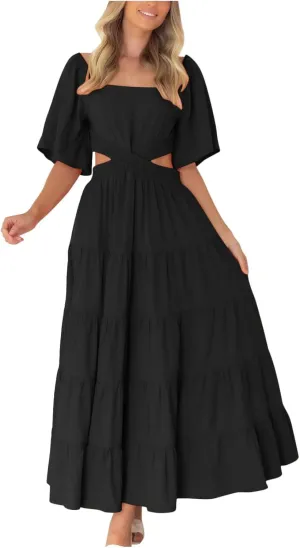 Women's Summer Square Neck Short Sleeve Cut Out Tiered Maxi Dress Solid Ruffle Flowy Long Dress Casual Beach Dresses