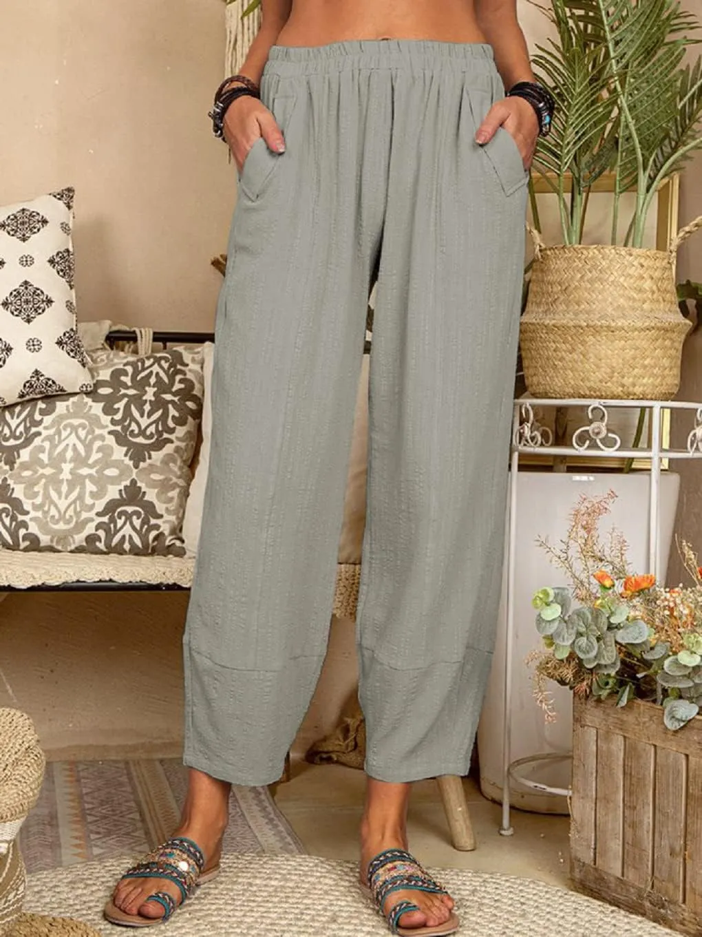Women's Summer Wide Leg Lantern Pants Loose Fit Style Cropped Trousers Elastic Waisted with Pocket