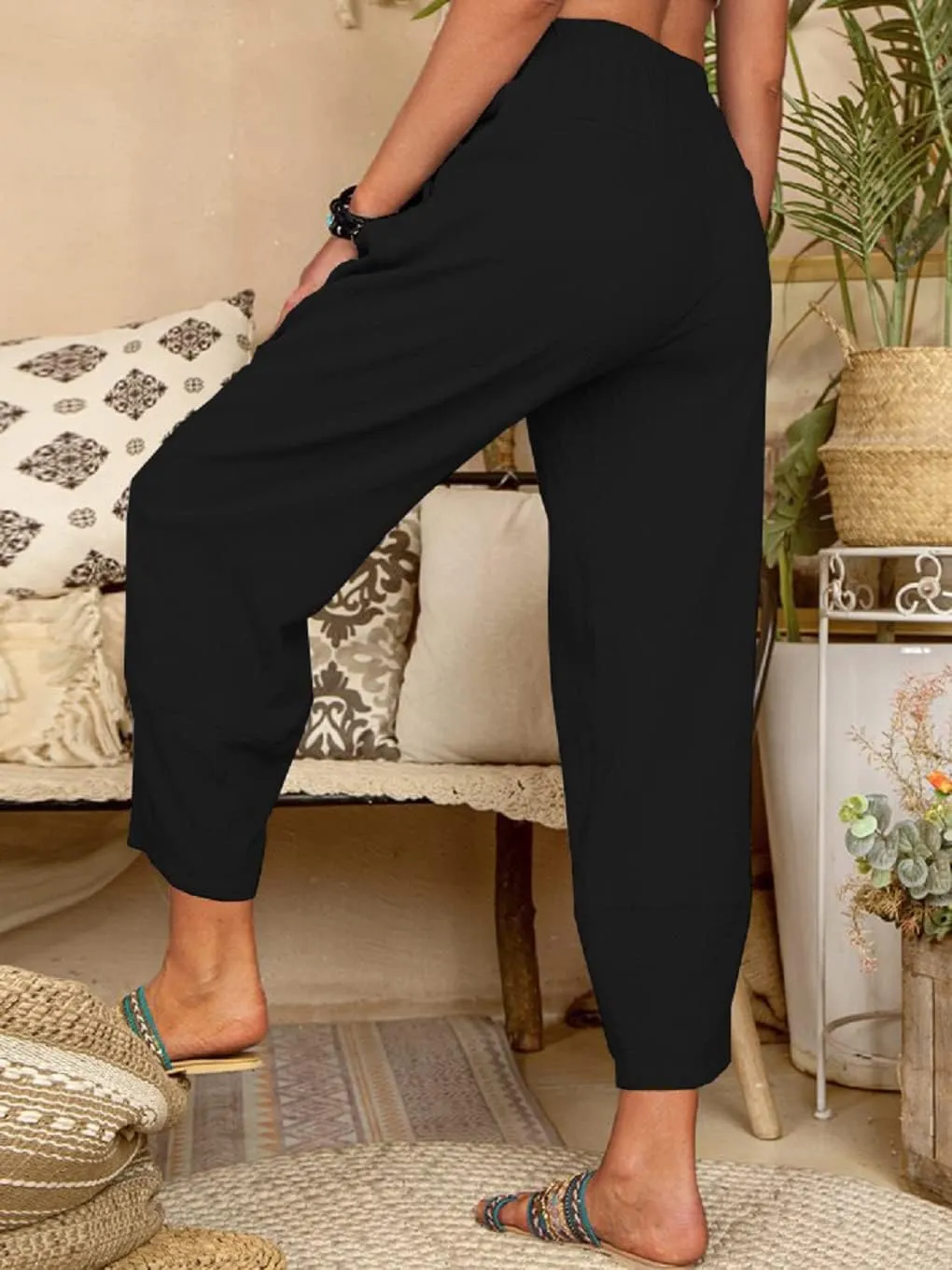 Women's Summer Wide Leg Lantern Pants Loose Fit Style Cropped Trousers Elastic Waisted with Pocket