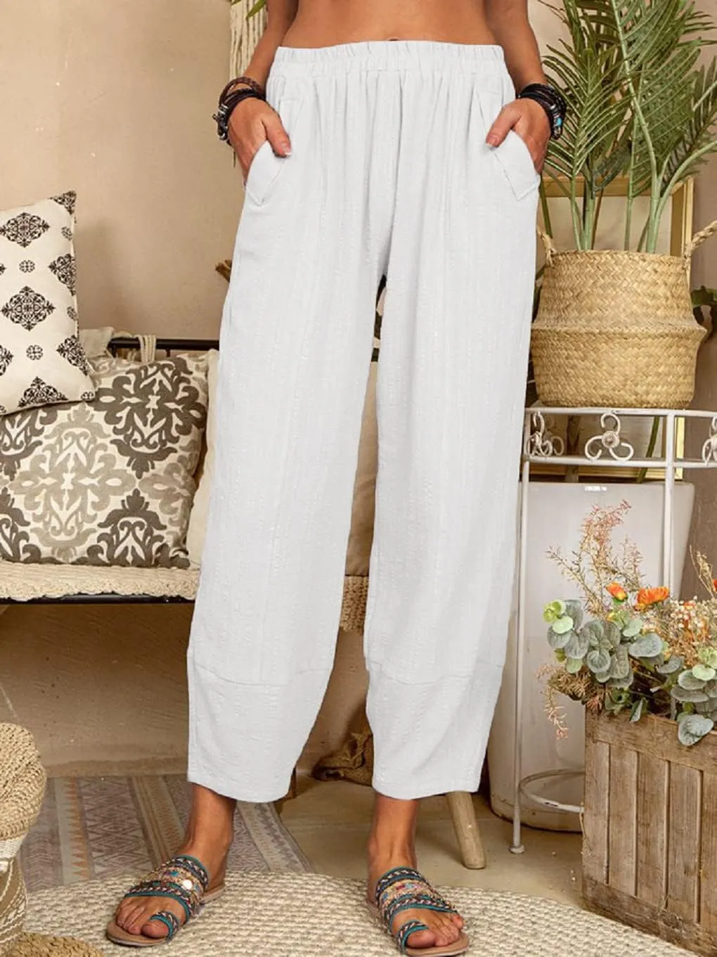 Women's Summer Wide Leg Lantern Pants Loose Fit Style Cropped Trousers Elastic Waisted with Pocket