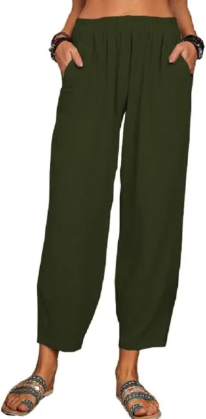 Women's Summer Wide Leg Lantern Pants Loose Fit Style Cropped Trousers Elastic Waisted with Pocket